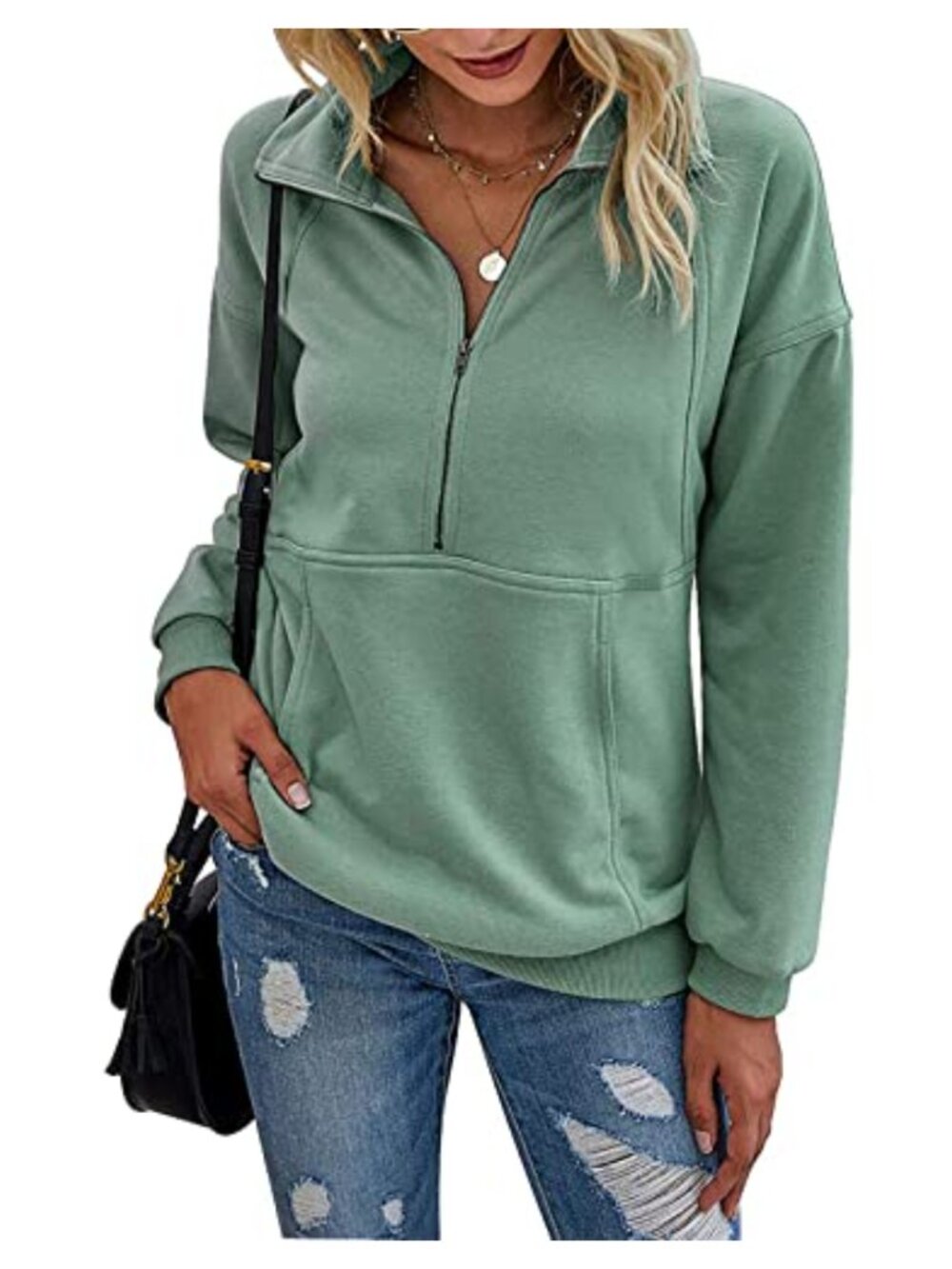 Women's Long Sleeve Half Zip Sweatshirt Loose Pullover Tunic Top